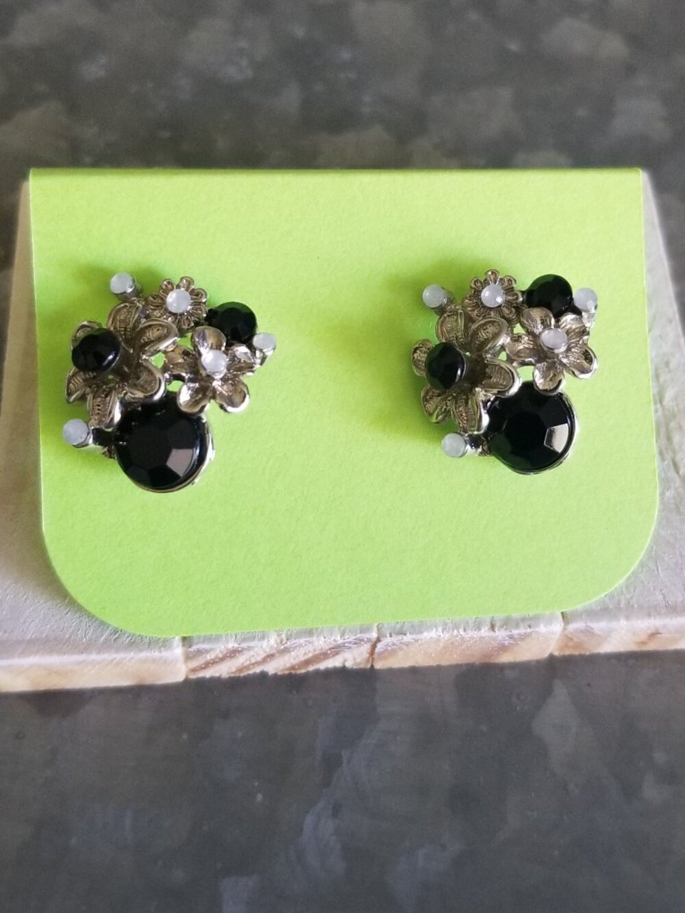 Black and Silver Floral Cluster Earrings Post Silver Plated